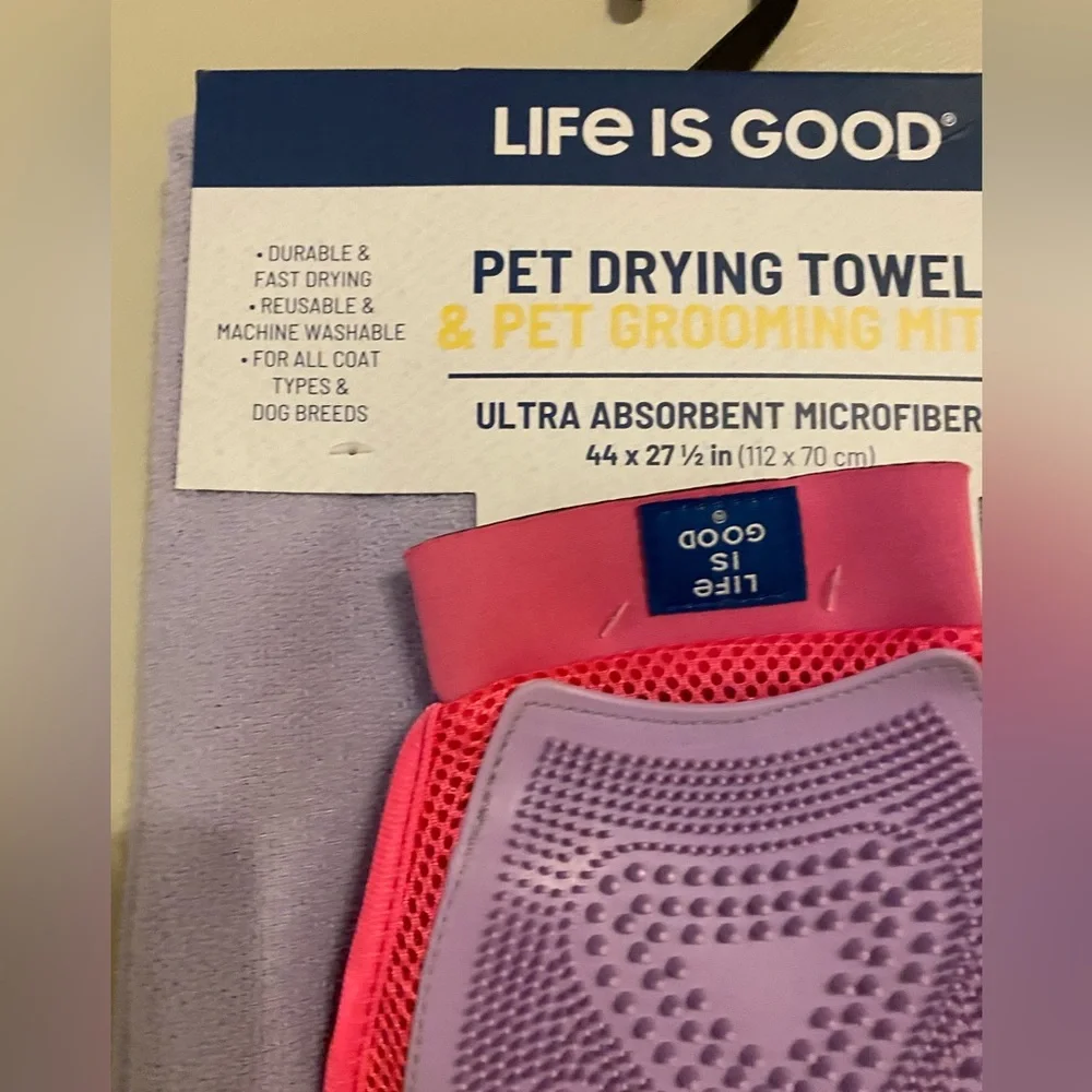 Life Is Good Purple Towel and Pink Grooming Mitt Set